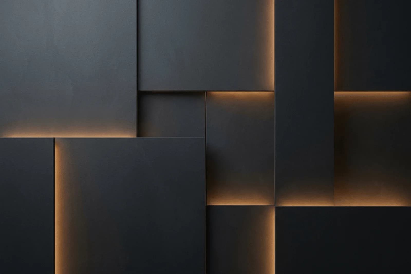 Dark geometric abstract background with slate panels, amber edge light, and calm professional contrast