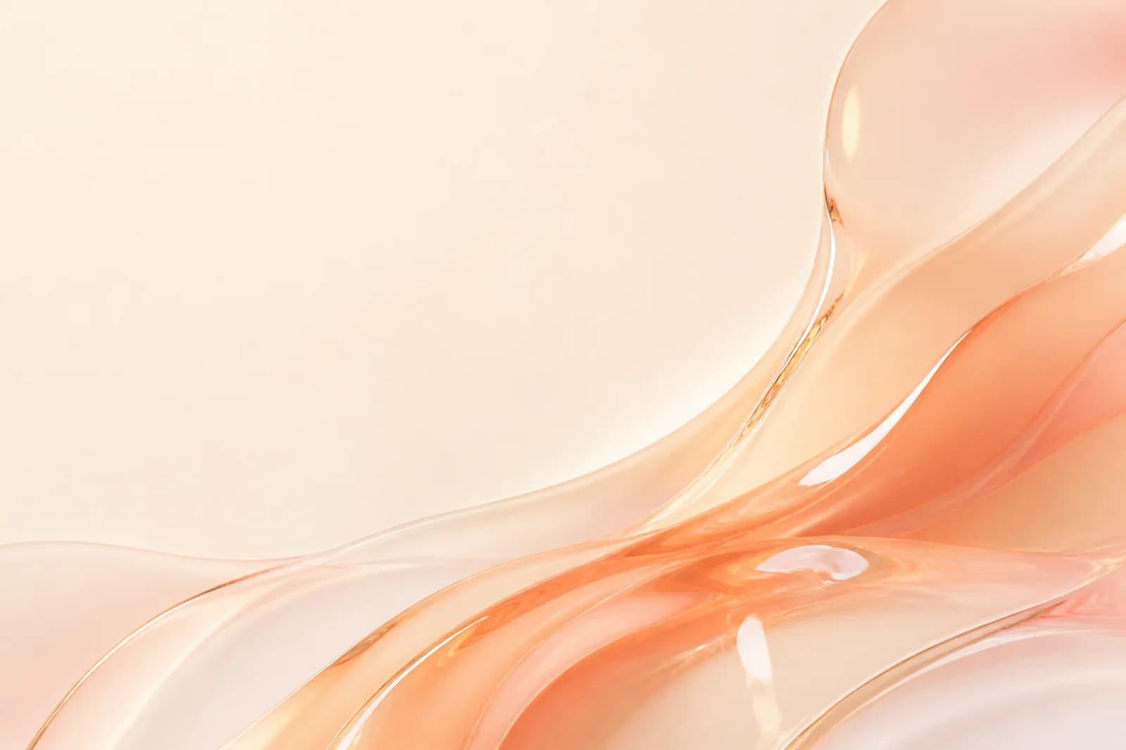 Light abstract background with flowing apricot glass, warm ivory space, and soft coral reflections