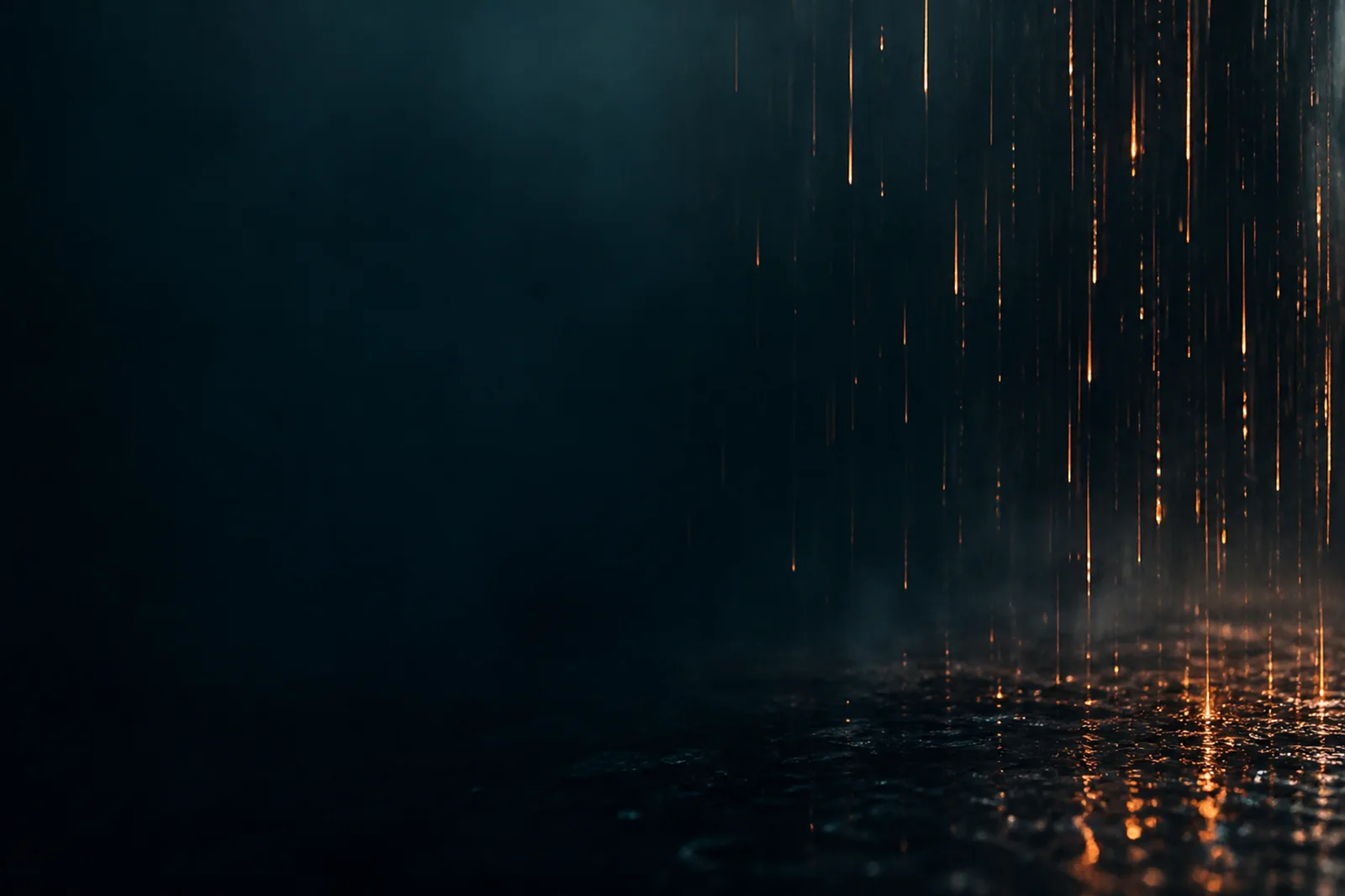 Premium dark atmospheric website background with soft copper rain, a deep petrol field, and open headline space