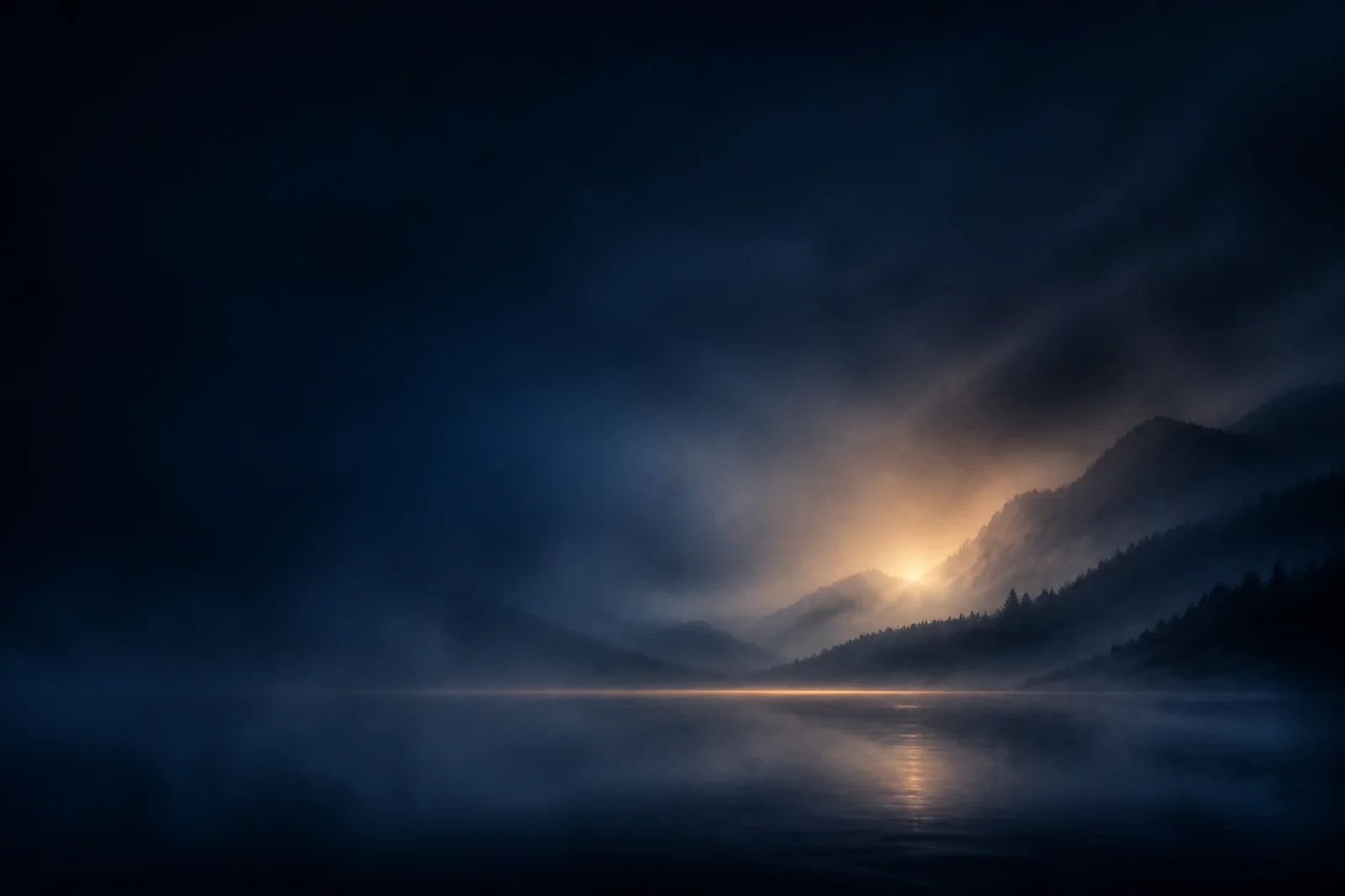 Premium dark atmospheric background with midnight blue fog, a distant lantern glow, and open headline space