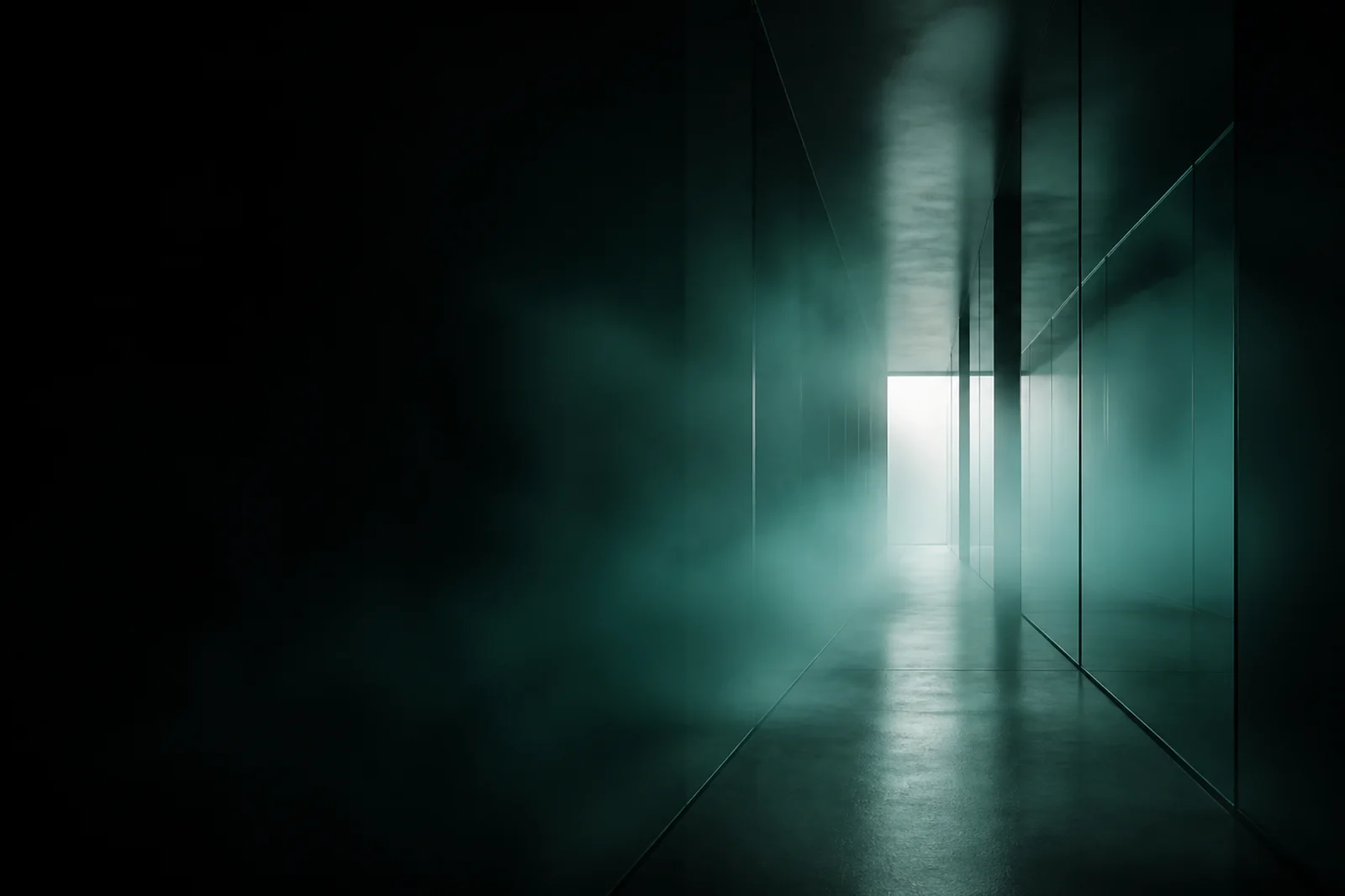 Premium dark architectural website background with teal fog, black glass depth, and a distant diffused opening