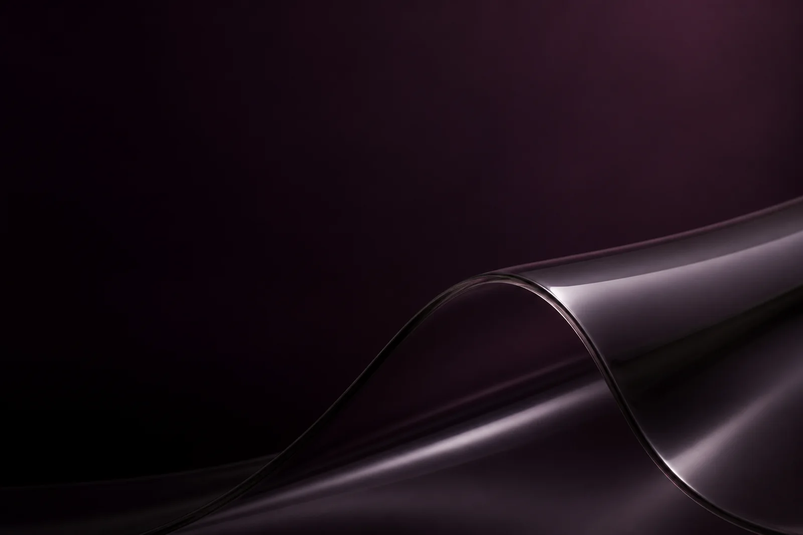 Premium dark glass background with a restrained smoky fold, deep aubergine space, and pearl reflection