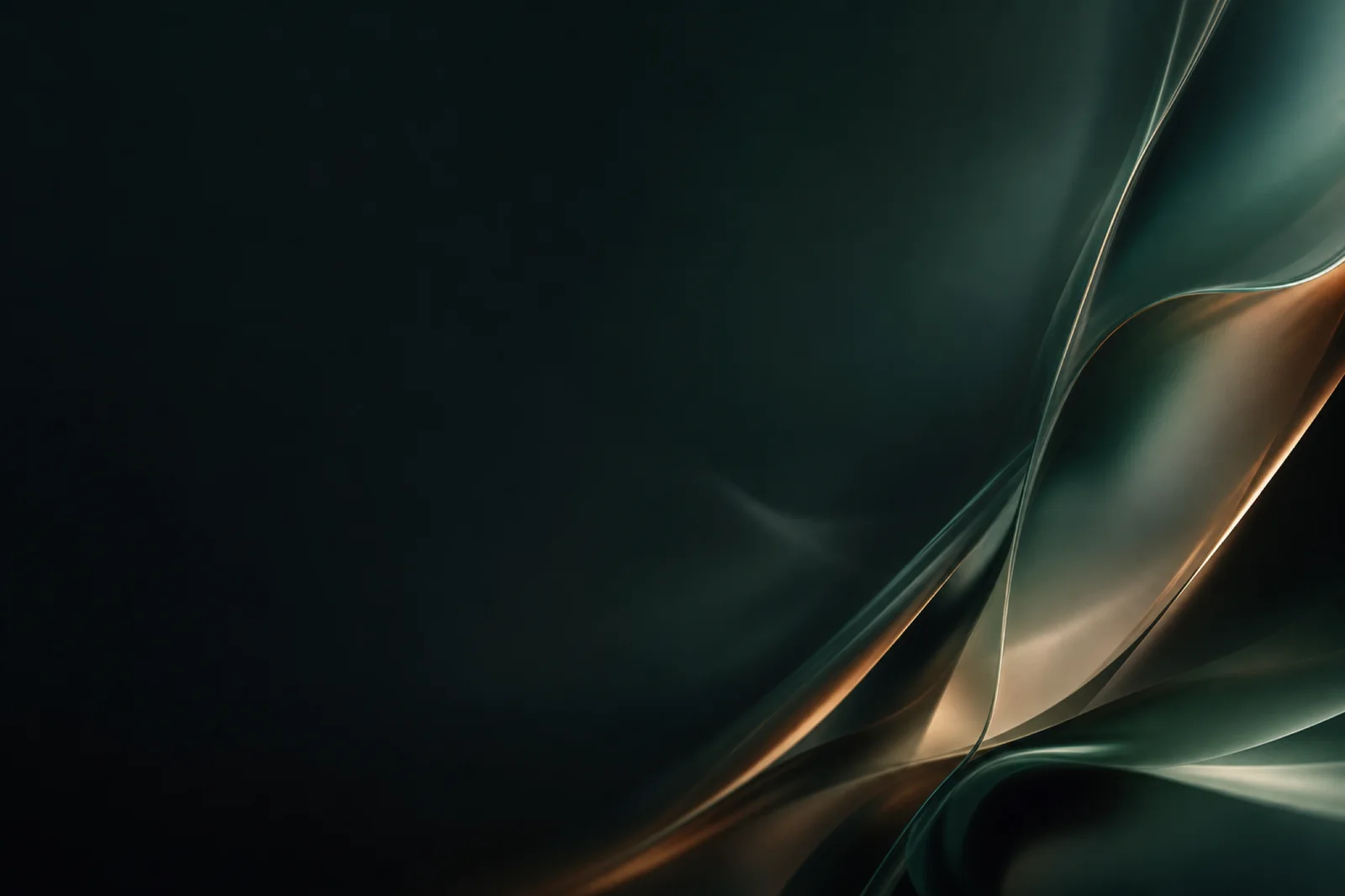 Dark bottle-glass abstract background with bronze folded light, deep teal shadow, and calm text-safe space