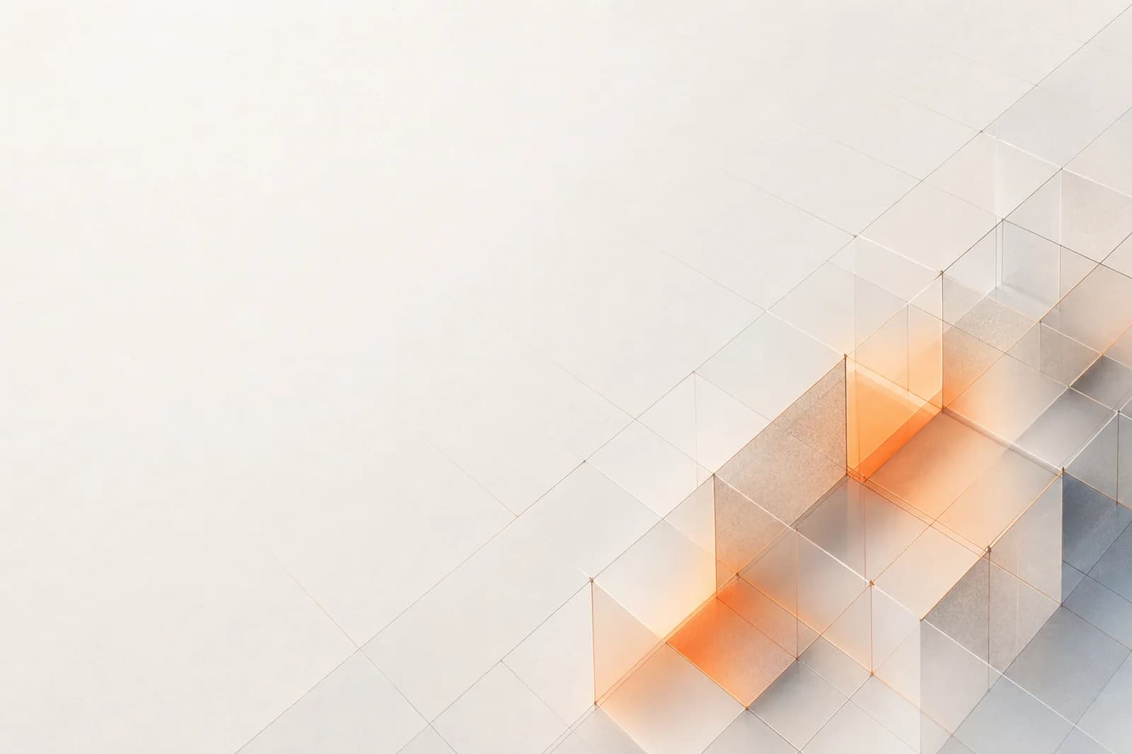 Light off-white abstract background with an architectural ember grid, cool shadows, and clean left copy space
