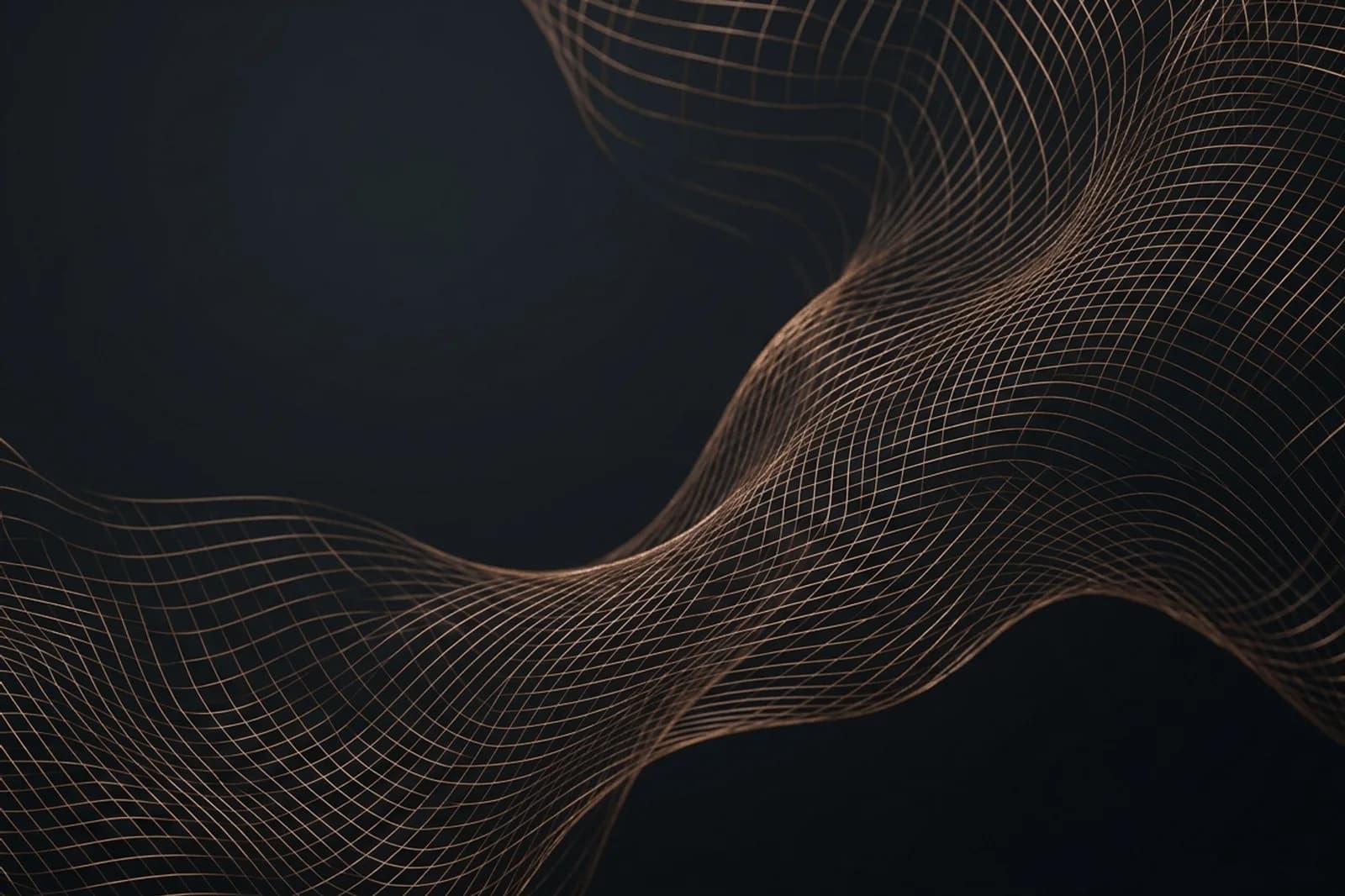 Dark abstract background with copper mesh signal, graphite negative space, and launch-ready visual depth