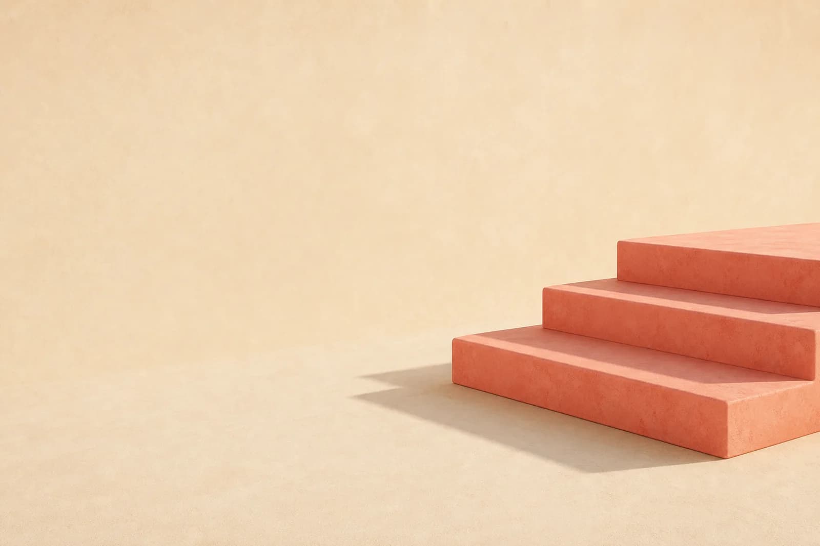 Premium light geometric background with coral architectural steps, pale sand space, and long soft shadows