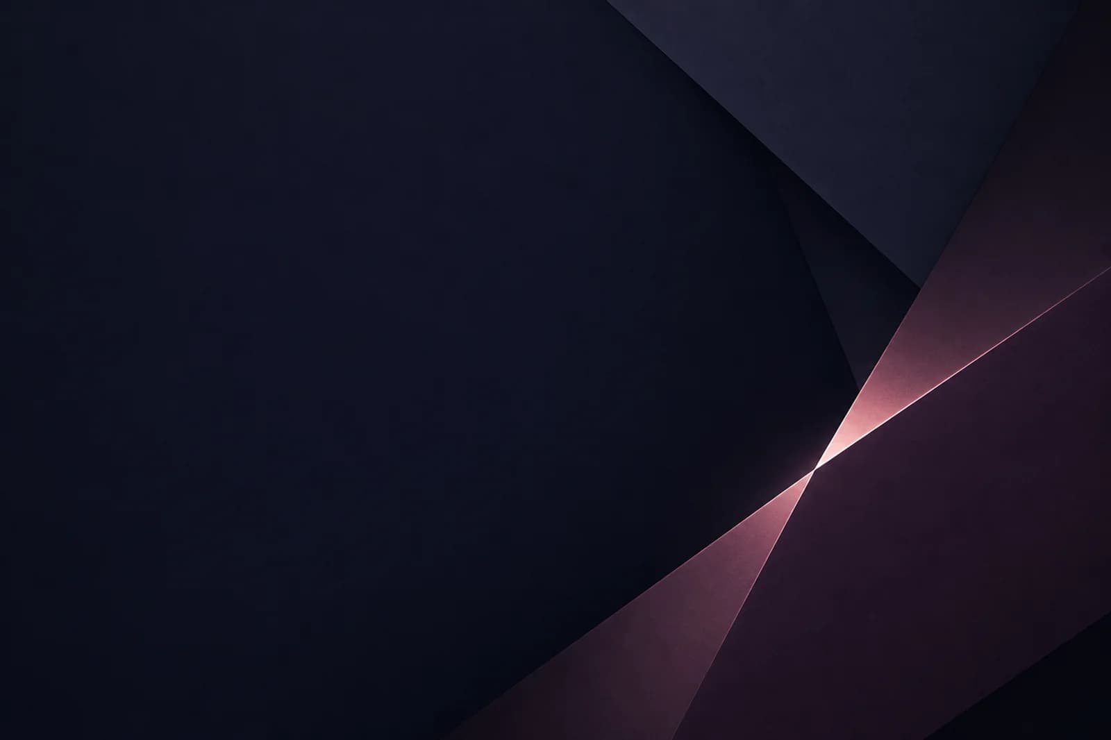 Dark geometric website background with matte indigo planes, a fine rose-lit seam, and generous left text-safe space