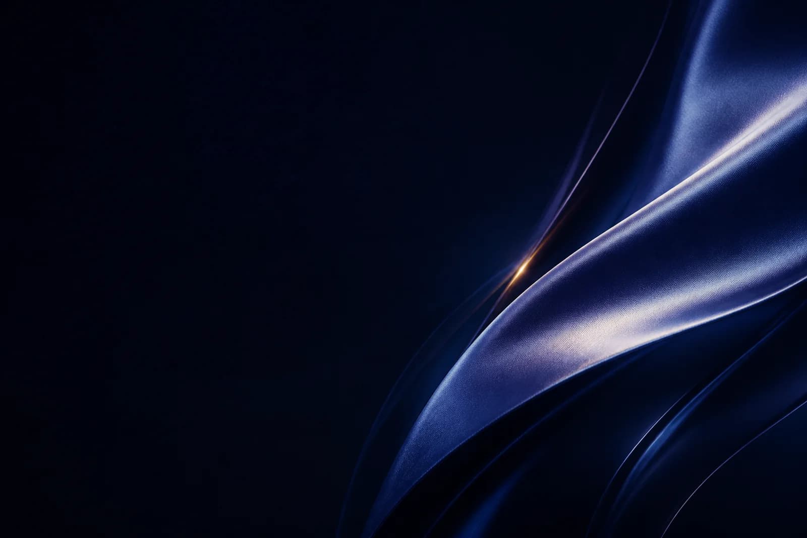 Dark indigo abstract background with a luminous satin ribbon, pearl highlight, and spacious left text-safe area