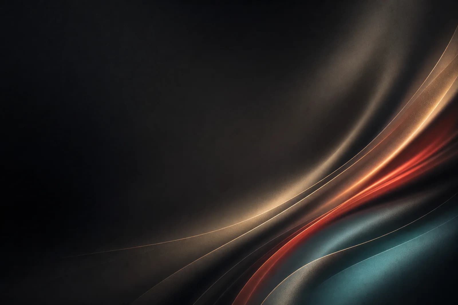 Dark abstract website background with ink negative space, brass ribbon light, red ember depth, and teal reflection