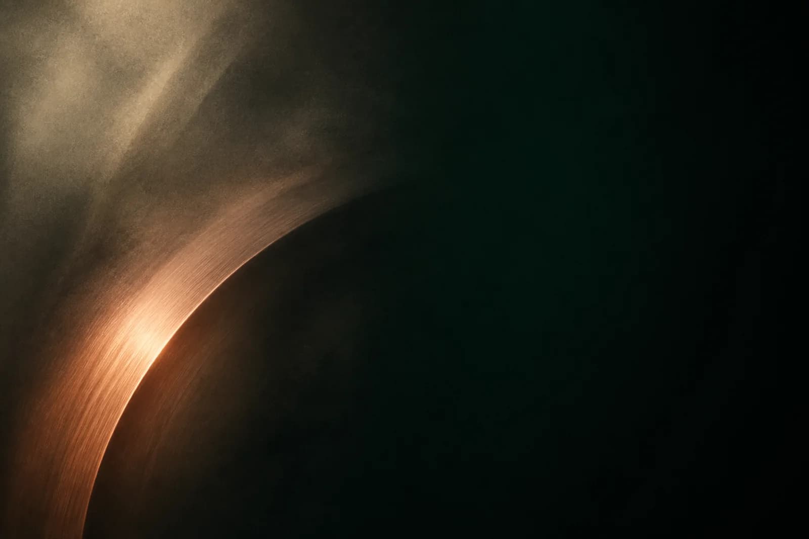 Dark editorial website background with a restrained copper satin arc, ink depth, bottle-green shadow, and right text-safe space