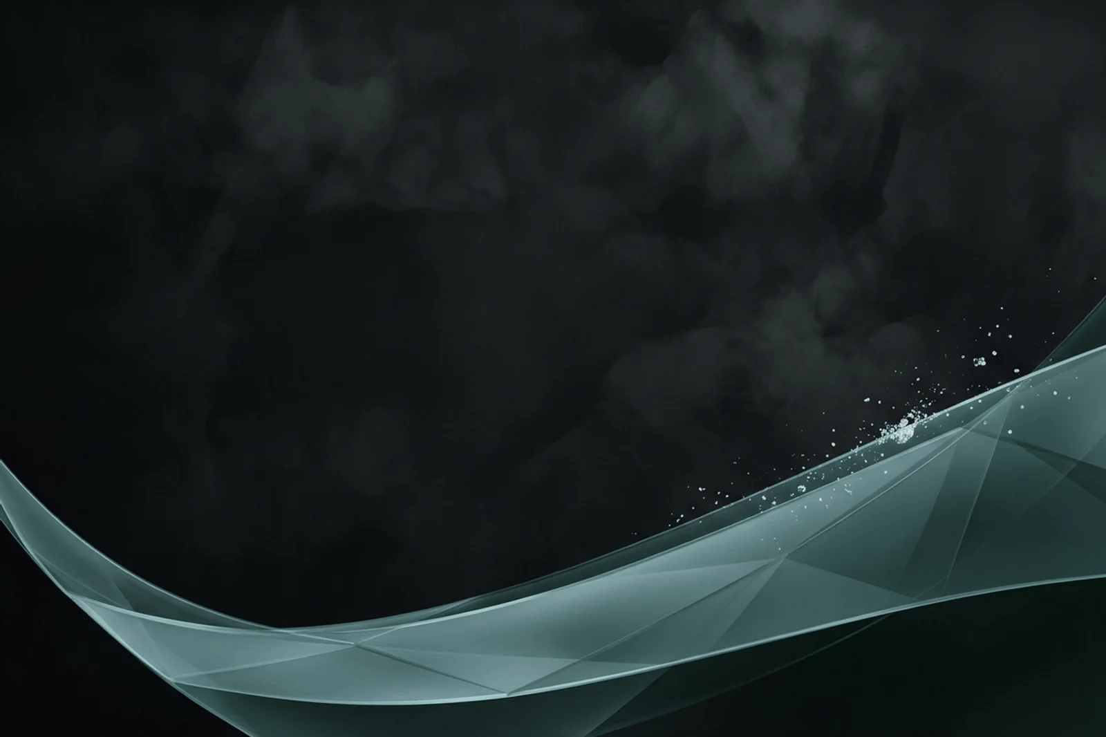 Dark abstract web background with cyan glass folds, ink shadows, and refined text-safe space