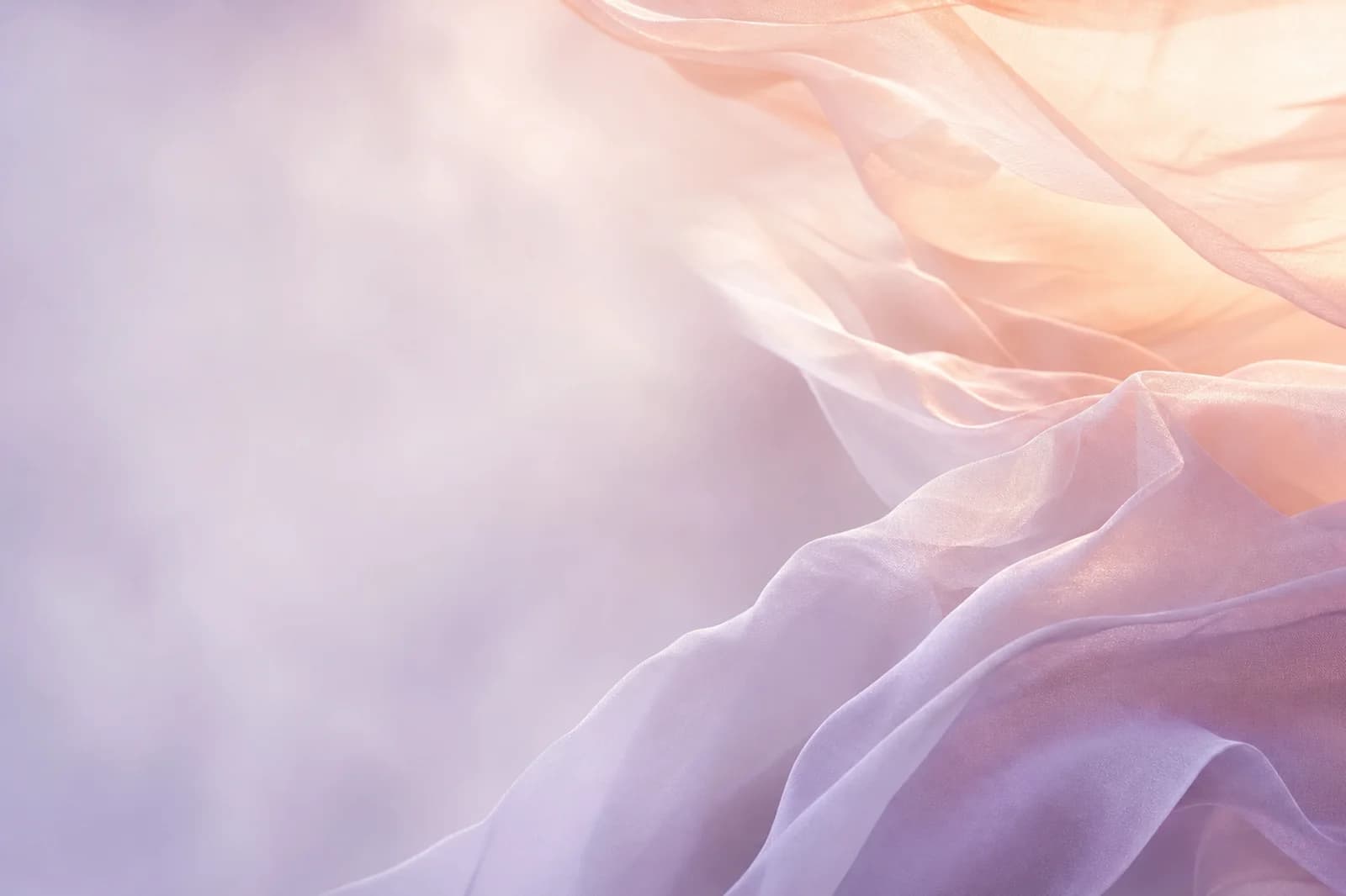 Premium light atmospheric background with translucent lavender gauze, warm mist, and a soft peach transition