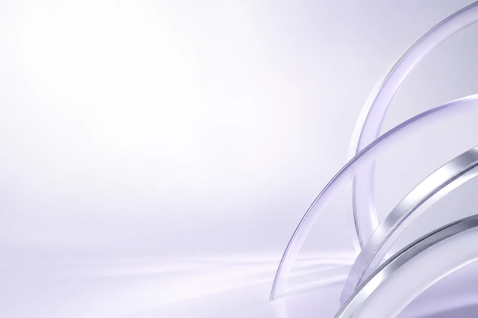 Light geometric background with pale lilac, chrome arcs, frosted acrylic, and airy left copy space