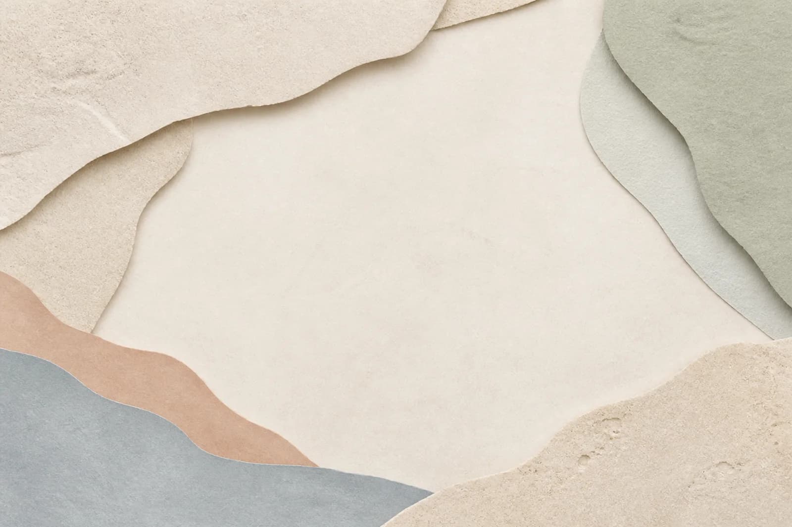 Light paper website background with layered limestone, sage, bone, and clay forms around a spacious center copy area