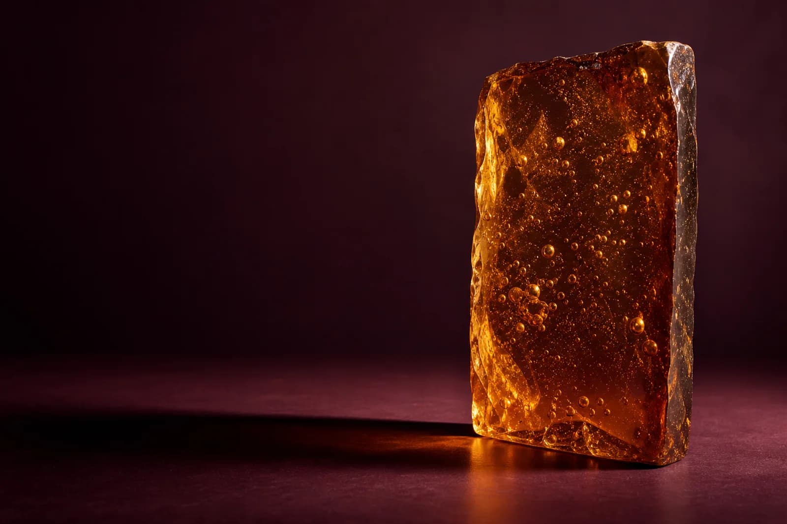 Premium dark material background with a luminous amber resin slab, rich plum shadow, and tactile detail