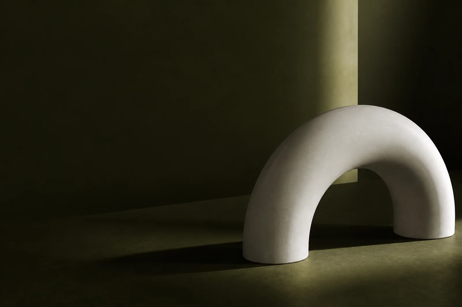 Premium material website background with a porcelain architectural arc, deep olive space, and a long soft shadow