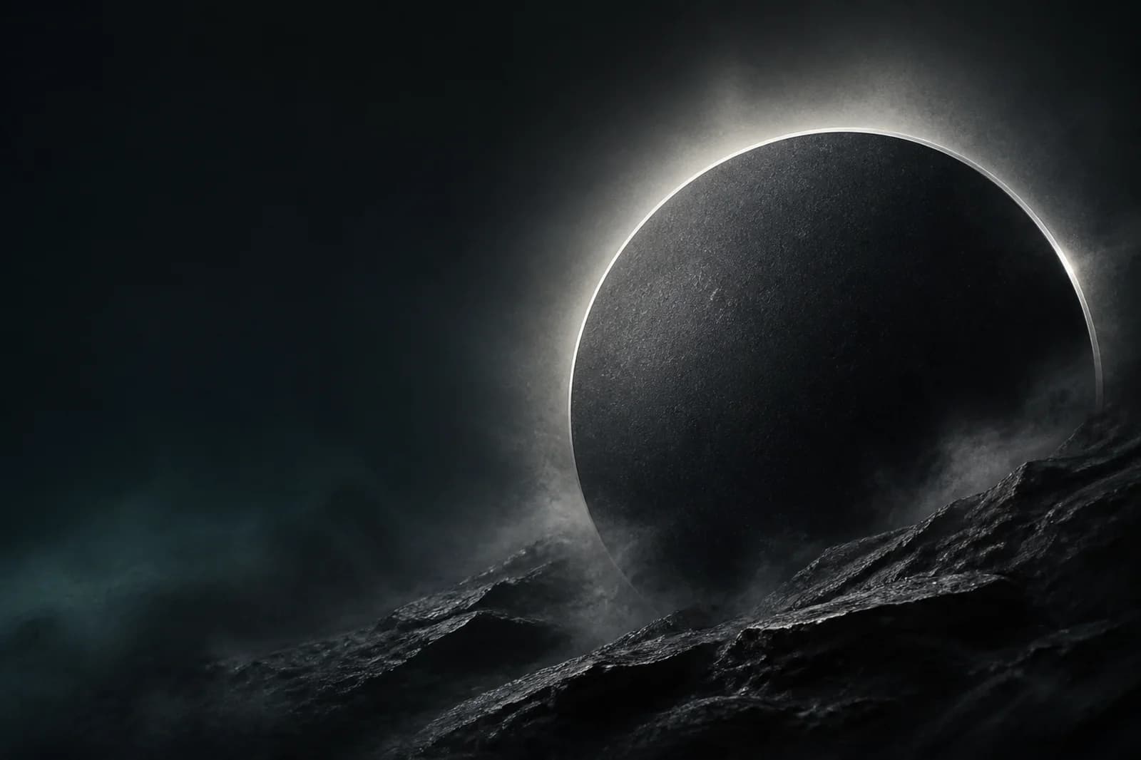 Premium dark material background with a matte obsidian disc, mineral fog, and a refined silver halo