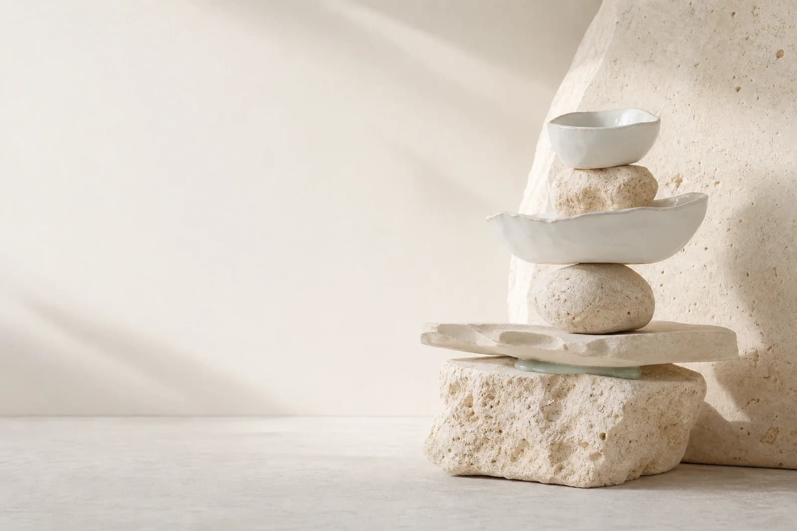 Premium light material background with balanced porcelain forms, limestone texture, and soft studio light