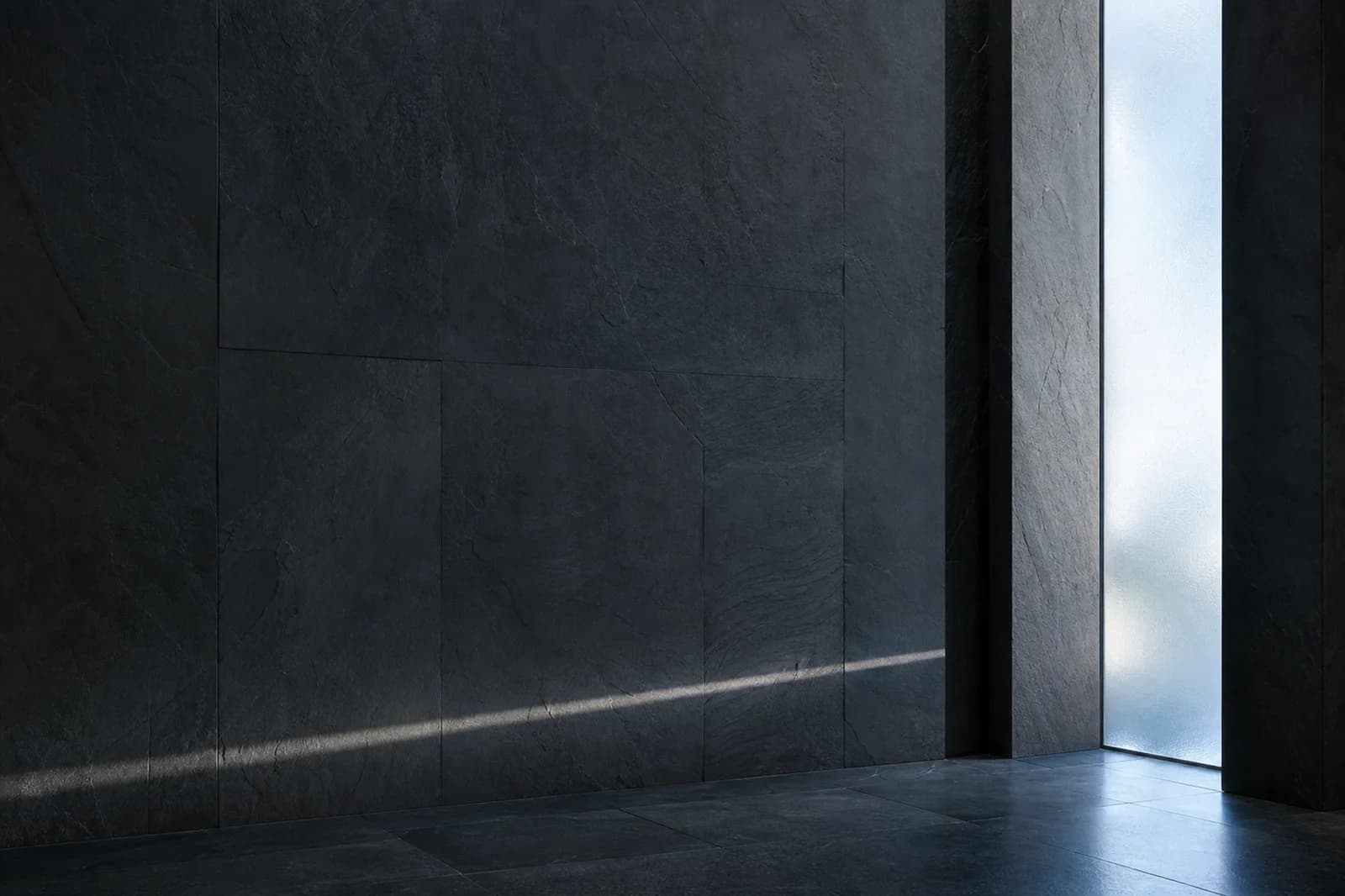 Premium architectural material background with cool slate stone, frosted glass, and directional daylight