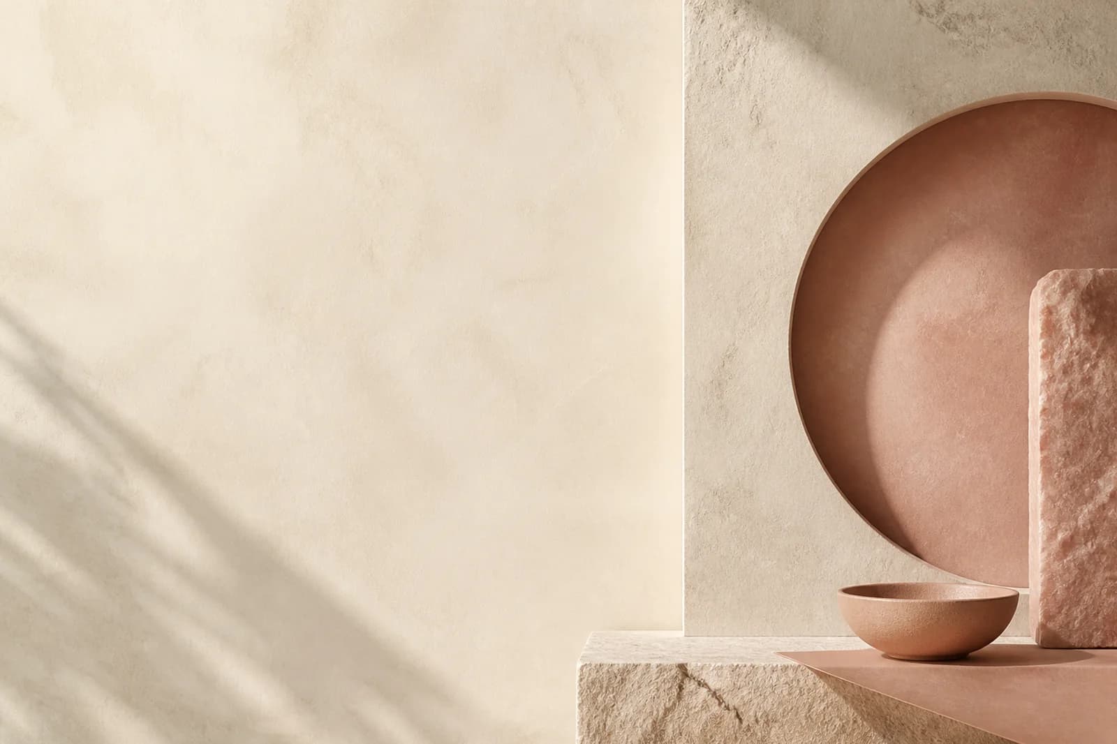 Light architectural mineral background with a dusty rose aperture, limestone forms, and broad ivory copy area