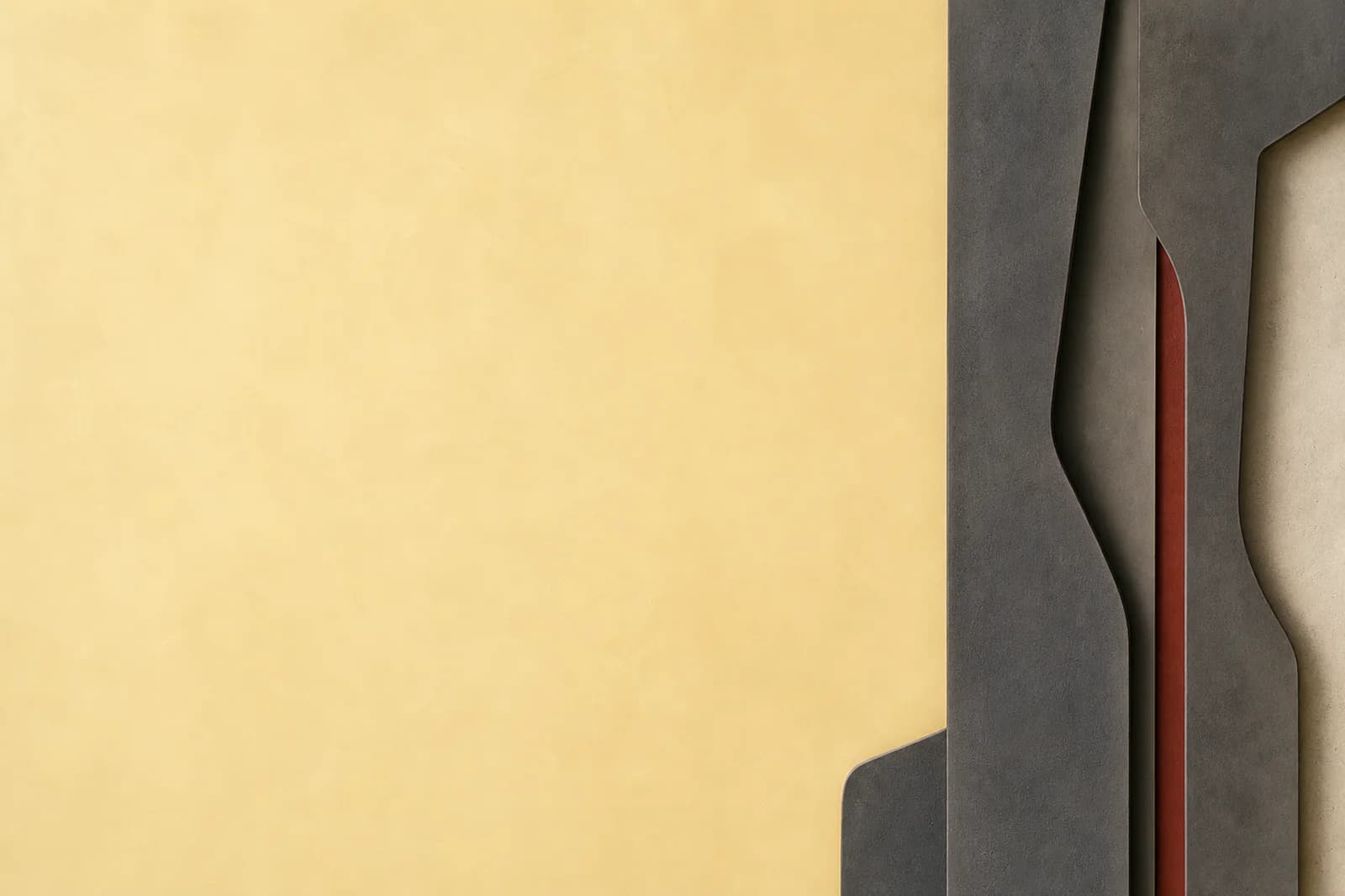 Premium warm abstract background with muted ochre, charcoal relief forms, red inlay, and broad text-safe space
