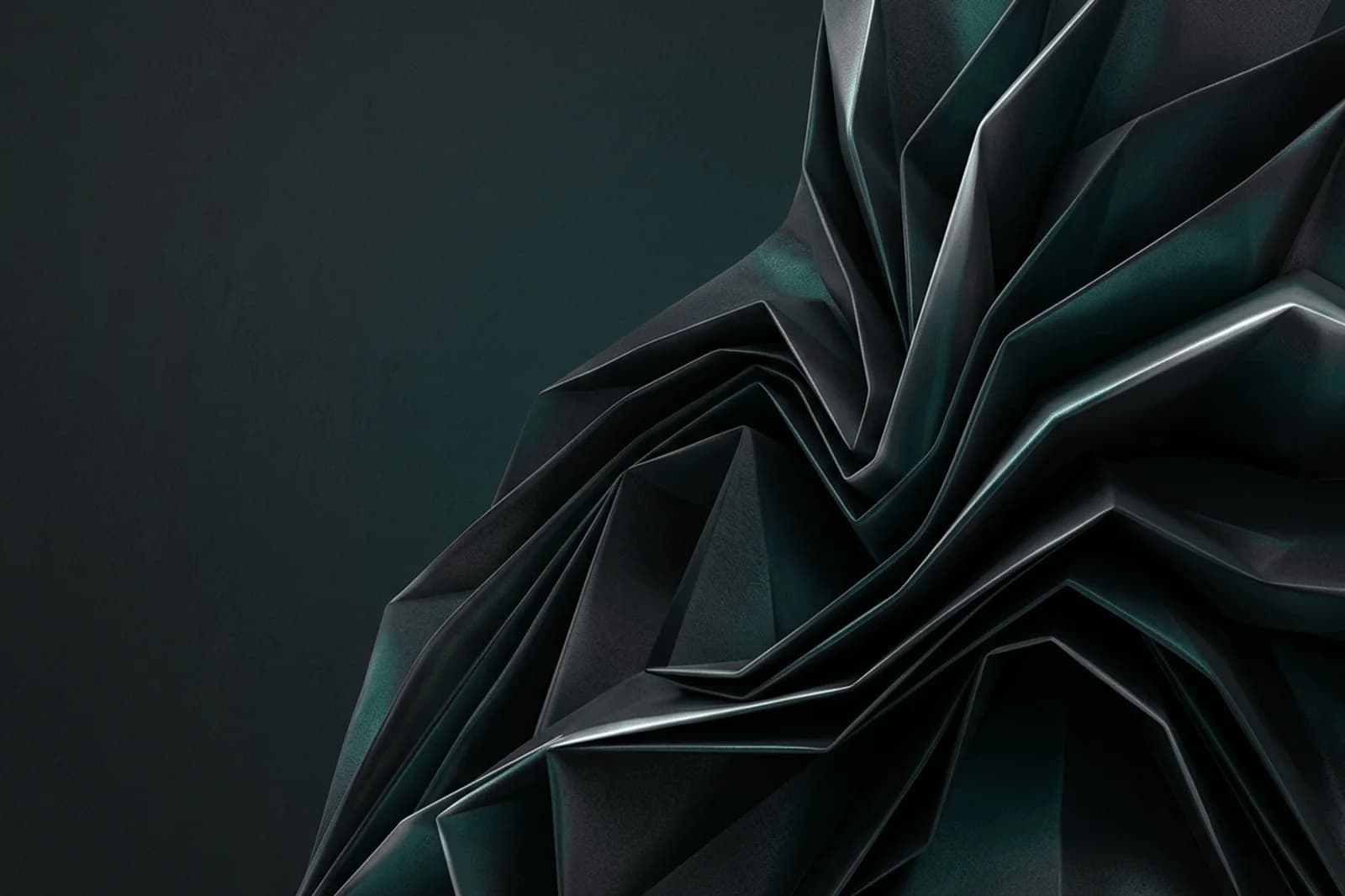 Dark opal abstract background with folded graphite structure, deep teal edges, and polished material depth