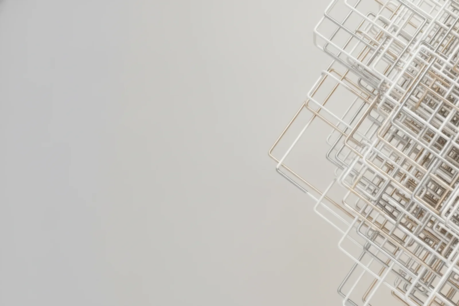 Light abstract website background with pearl warm-silver mesh planes and generous left text-safe space