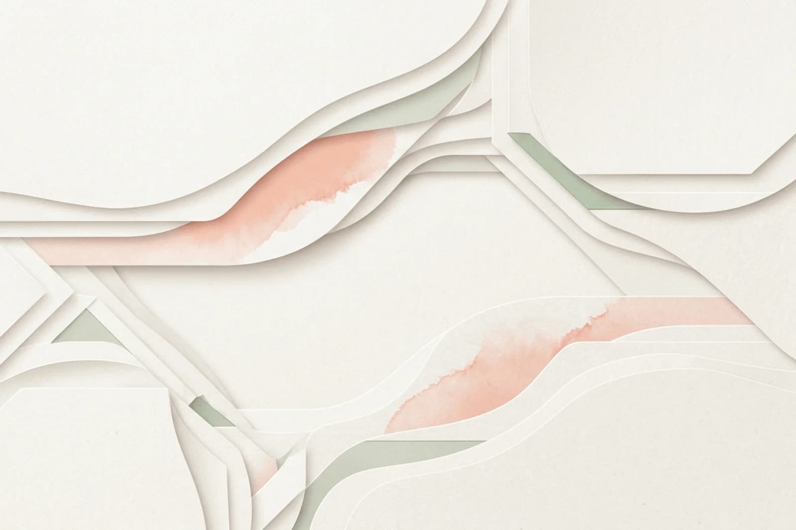 Light rice paper abstract background with coral wash, sage detail, and layered cutout depth