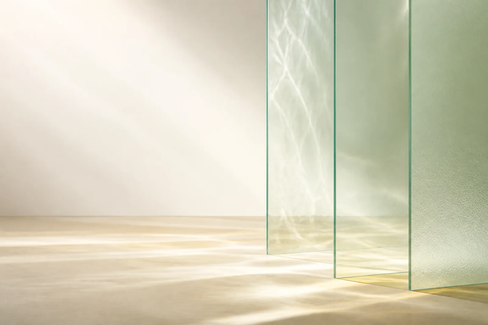Premium light glass background with overlapping frosted sage planes, ivory space, and soft caustic light