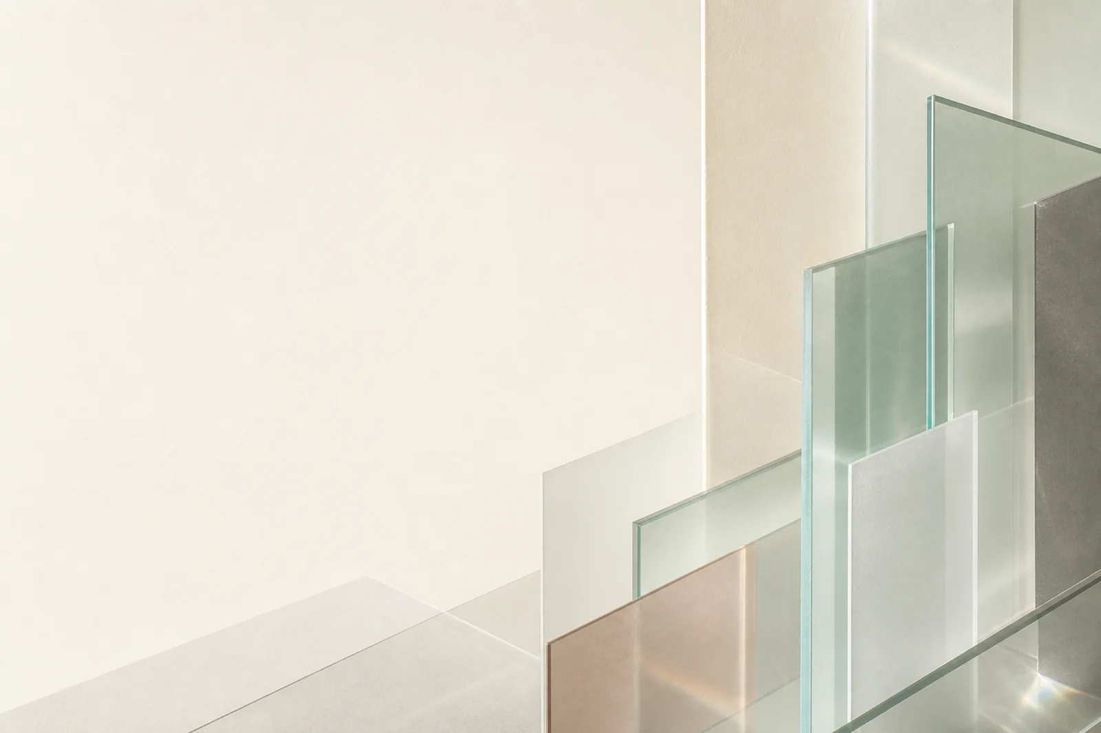 Light abstract website background with sage frosted glass planes, warm clay reflection, and broad clean copy space