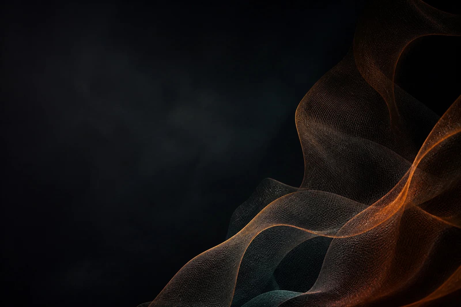 Dark abstract background with a muted saffron wire mesh veil, oxidized copper, and calm negative space