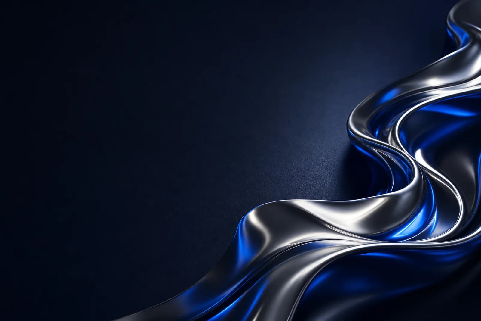 Premium dark abstract background with a liquid chrome ribbon on a midnight indigo field