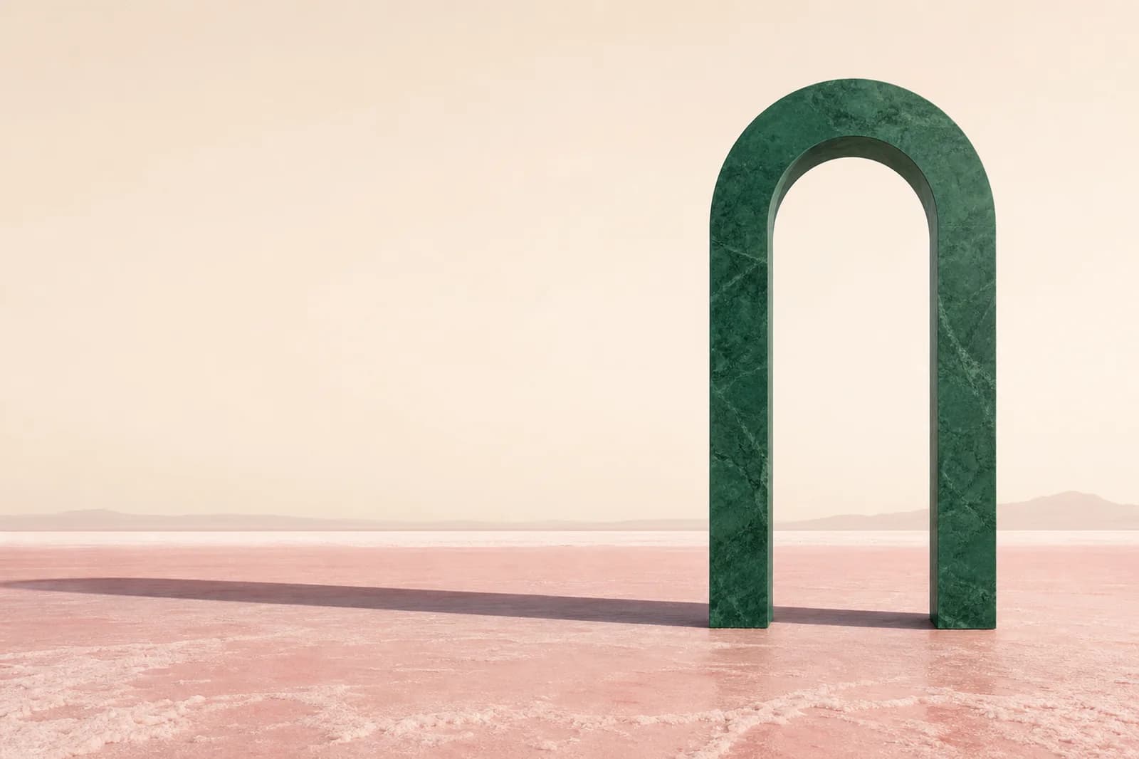 Premium surreal background with an emerald sculptural arch on a rose salt flat and open cream sky