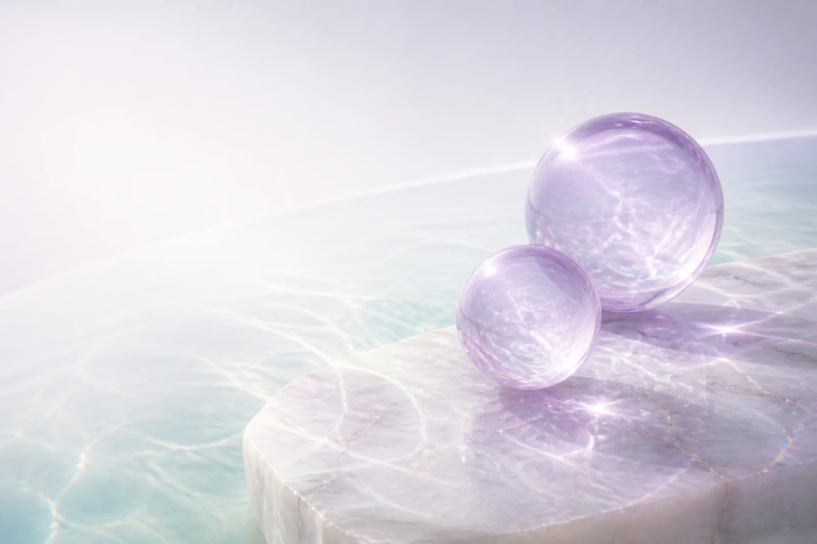 Premium soft surreal background with translucent lilac spheres, mineral forms, and pearlescent light