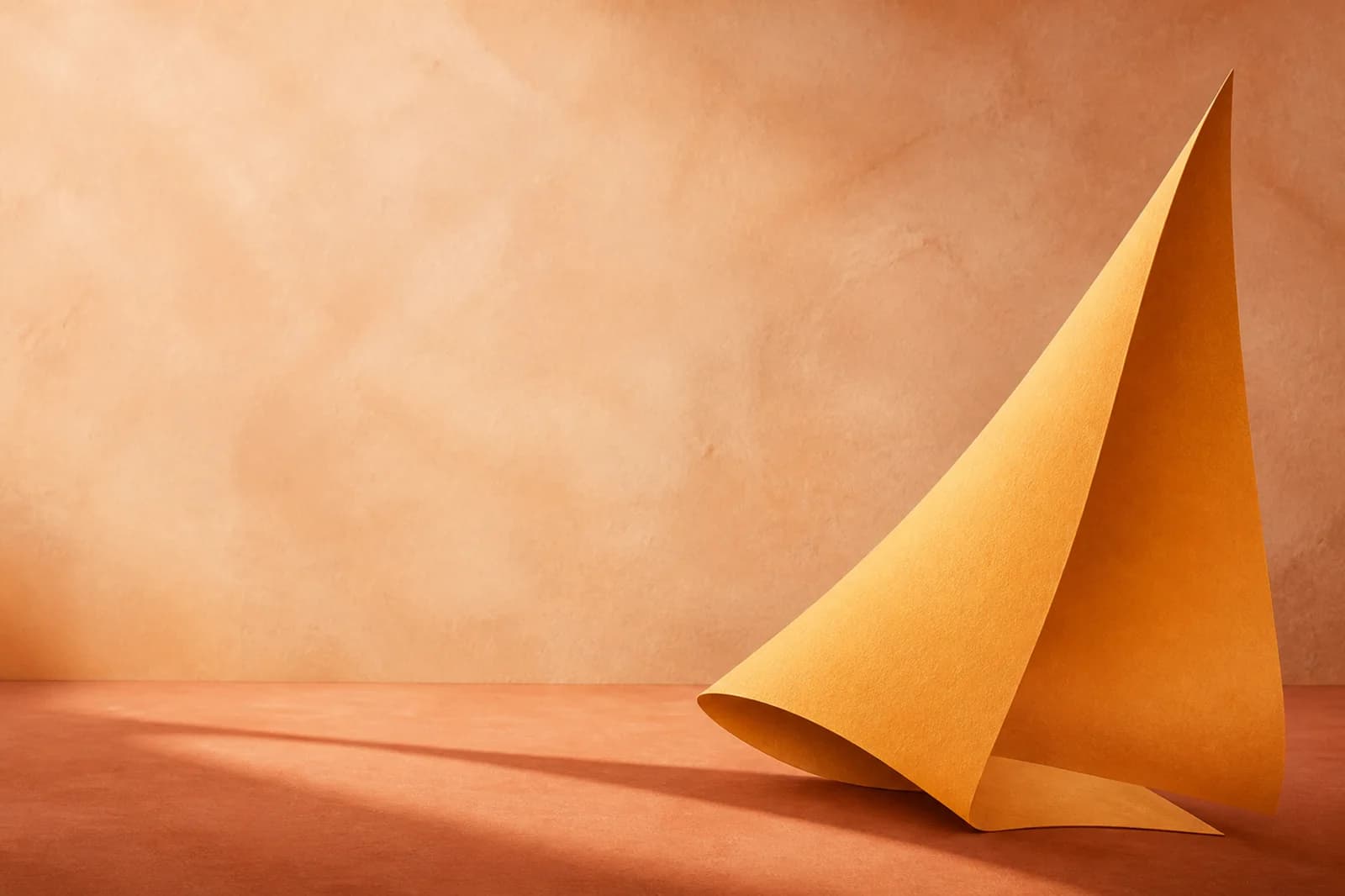 Premium warm website background with an ochre sculptural sail and clean terracotta shadow