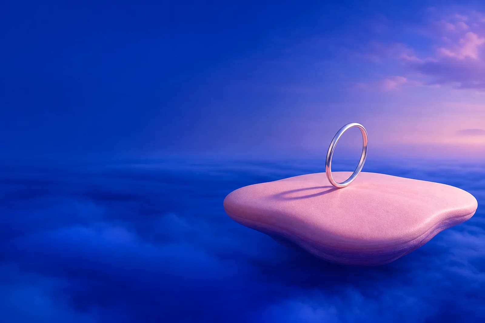 Premium surreal product background with a blush floating island, silver ring, and cobalt mist