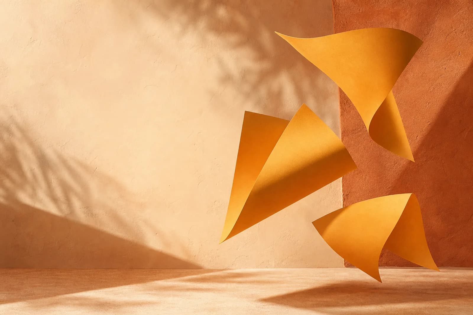 Premium warm abstract background with sculptural saffron paper forms and directional shadows