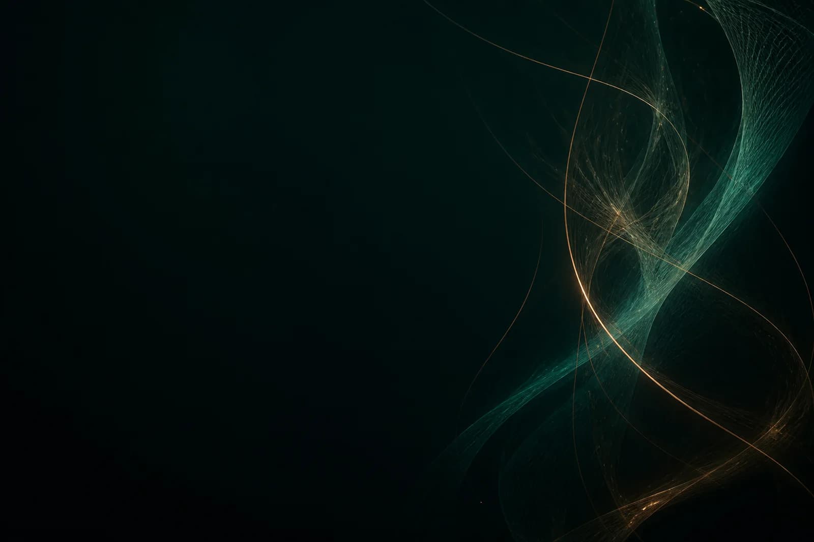 Dark mesh website background with sparse teal filaments, bronze light arcs, and a quiet left copy-safe field