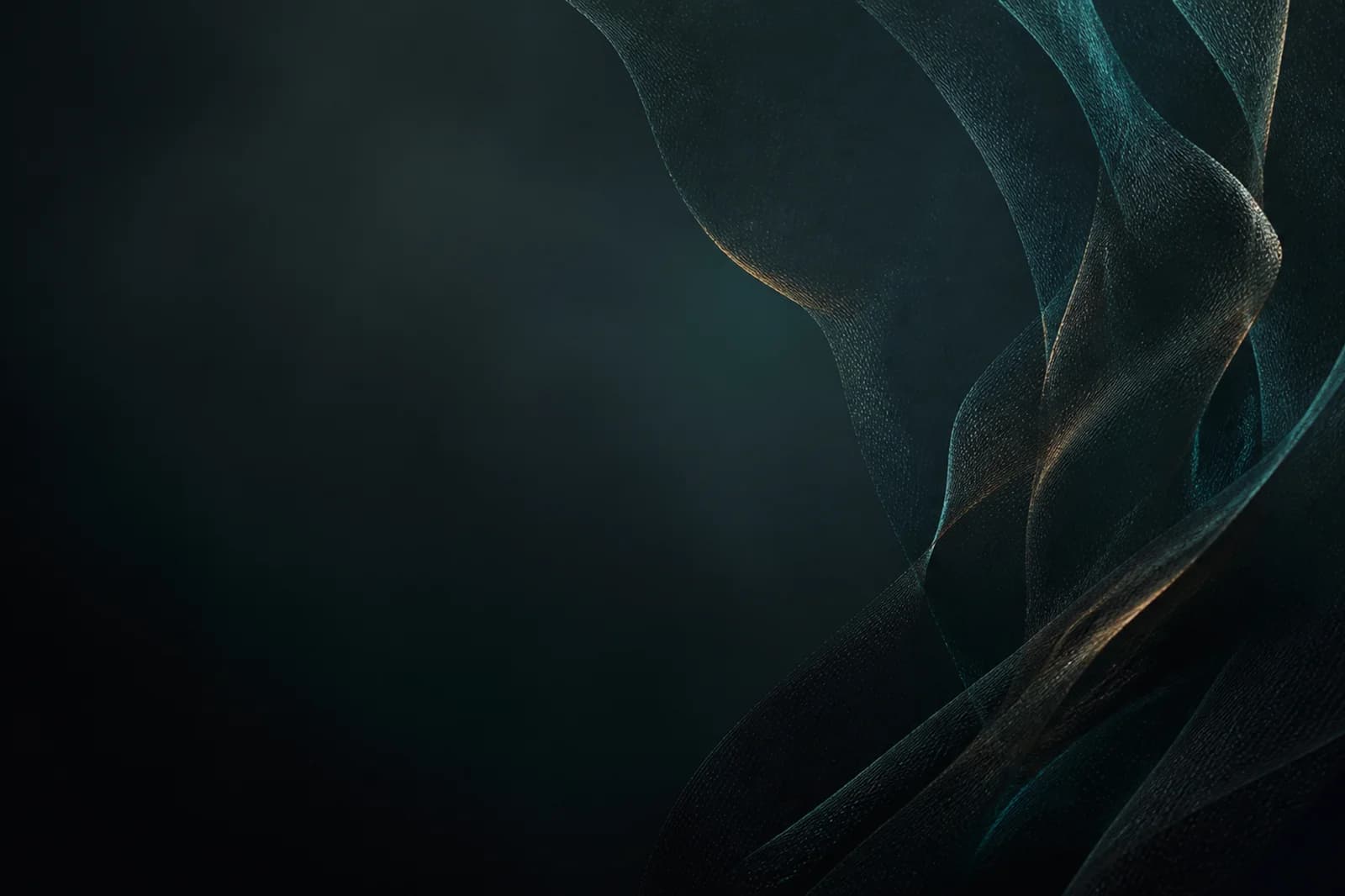 Dark mesh website background with sparse teal veils, graphite depth, bronze glints, and a generous left text-safe area